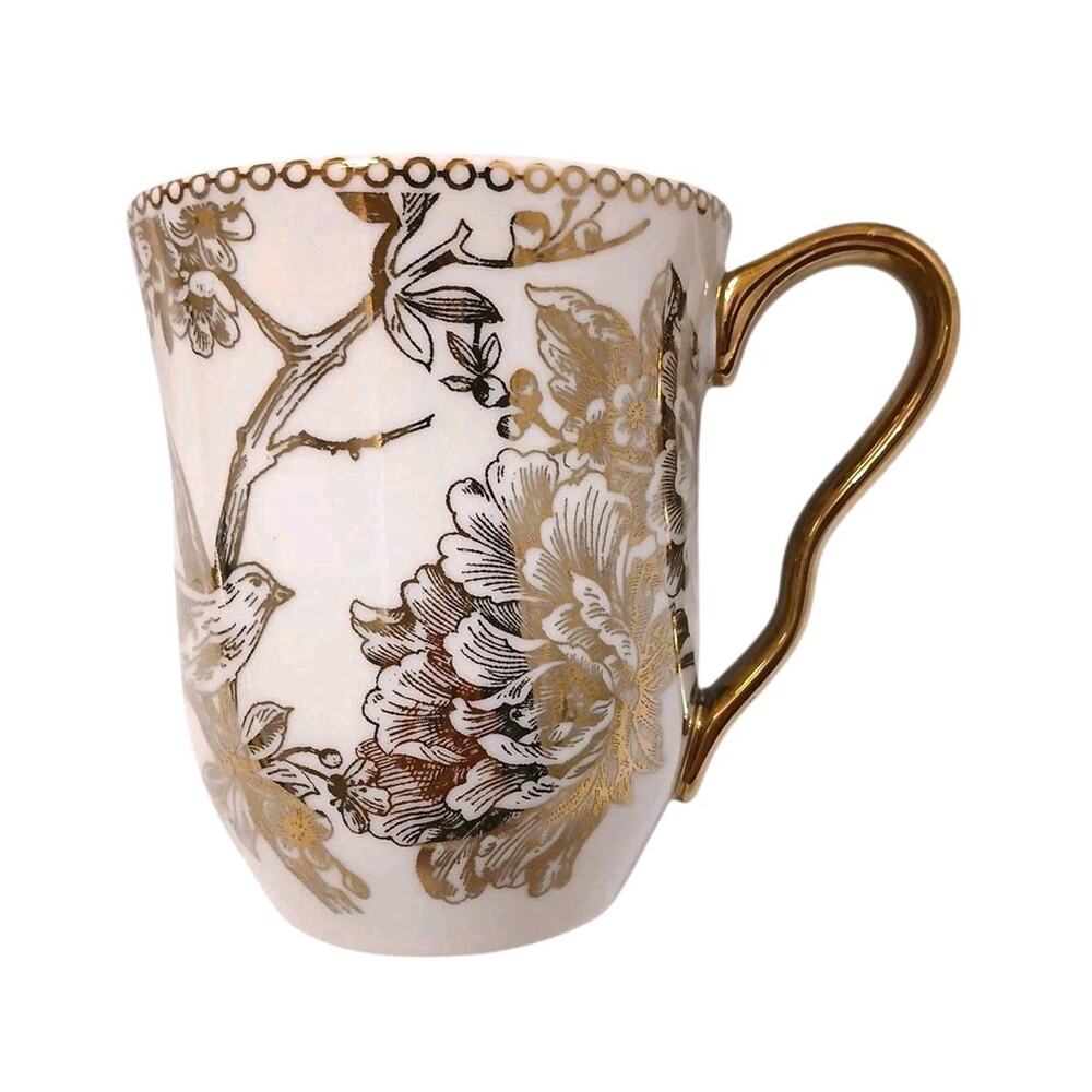 222‎ Fifth ADELAIDE Gold Gilded Mug 12oz Coffee Tea Latte Cup French Bird Floral